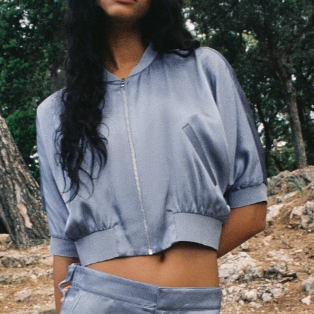 Zara light blue retro satin viscose crop bomber jacket NWT